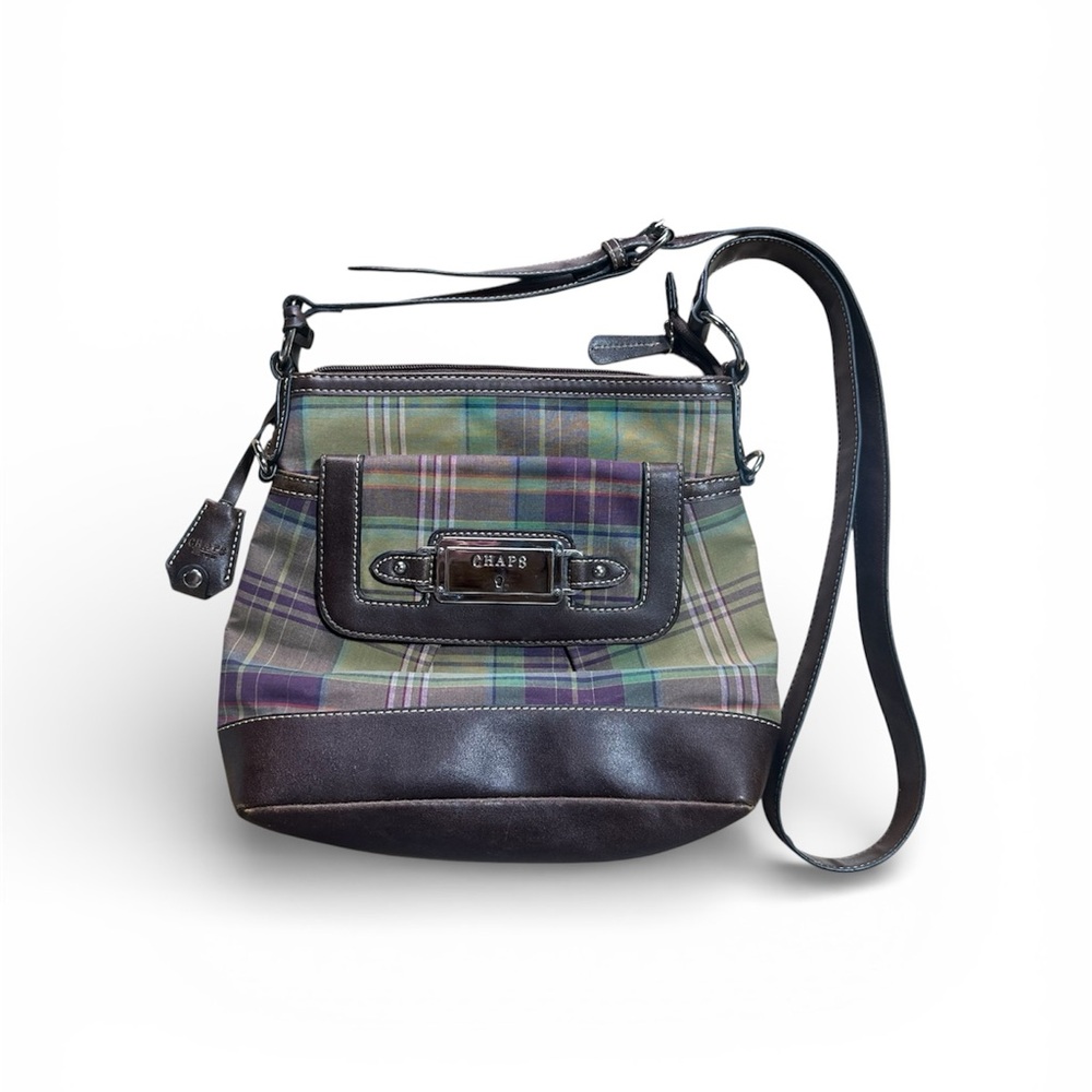 Vintage Chaps Ralph Lauren Brown & Purple Plaid Canvas Crossbody Bag